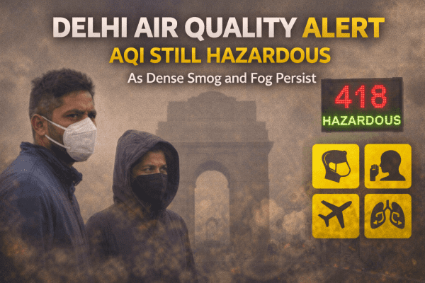 Delhi’s Air Quality Crisis: AQI Remains Hazardous Amid Dense Smog and Fog